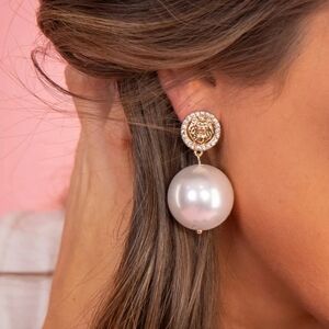 Lion Medallion Jumbo Pearl Drop Earrings